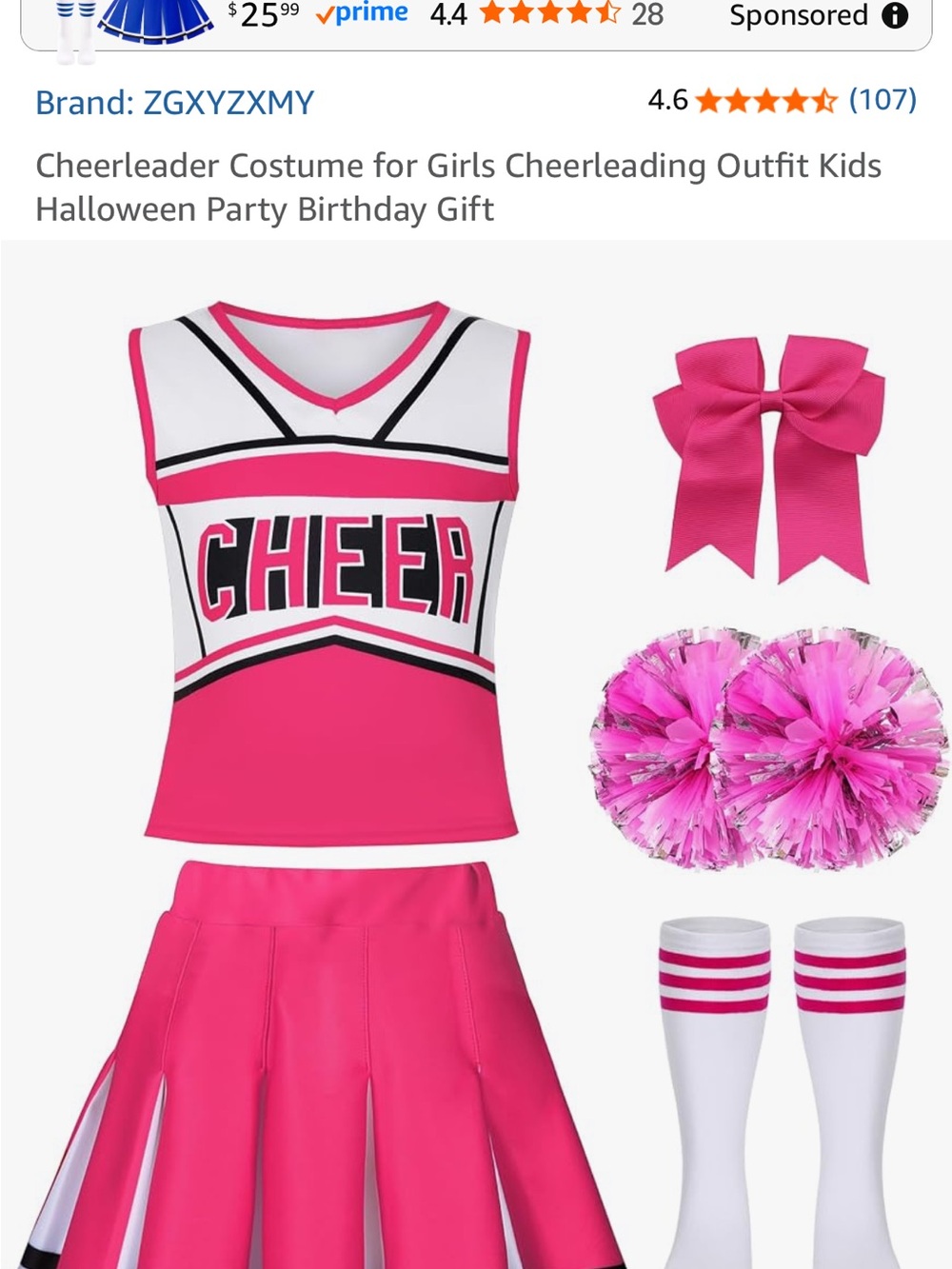Girls Cheerleader Outfit in Hot Pink with Pom Poms and Bow